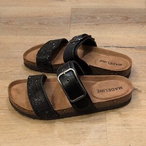 Madeline Black Sparkle Dual-Strap Slide Sandals with Buckle